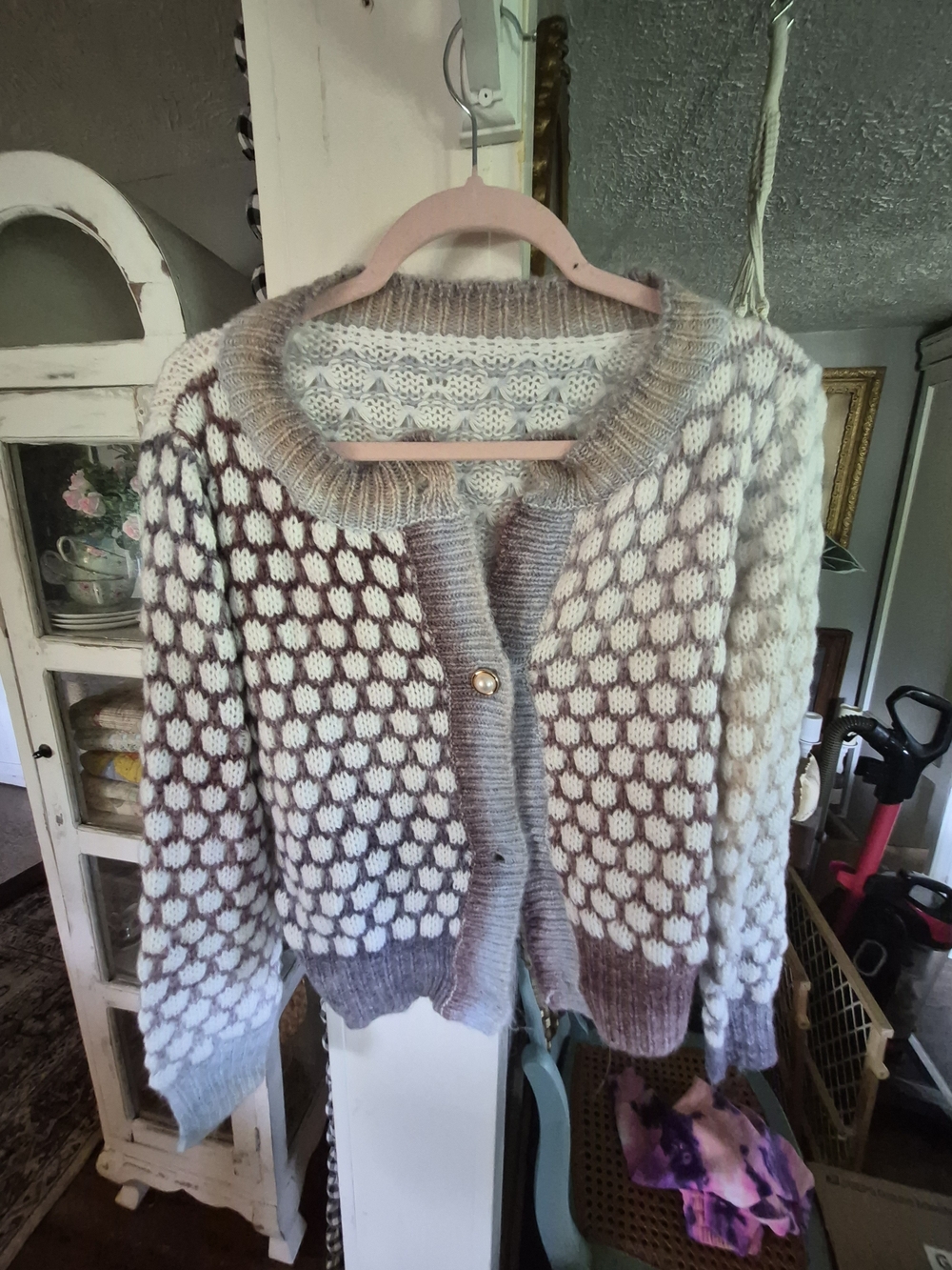 Multi-Tone Bubble Knit Cardigan Sweater - Pearl Button Detail - Picture 2 of 5